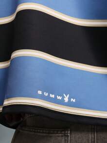 PLAYBOY X SUMWON Crop Fit Long Sleeve Striped Polo Shirt With White Collar And Button Placket Classic Rugby Style Top - BLUE AND BLACK - View 4