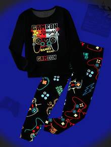 SHEIN Set de ropa informal y cómoda de pantalón y top de manga larga con estampado de control de videojuegos para niño preadolescente, 2 piezas - Multicolor - Ver 4