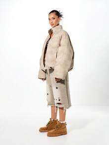 SUMWON WOMEN Oversized Beige Bomber Jacket With Stand Collar Full Zip Closure Side Pockets Embossed Back Logo Perfect For Fall Winter Street Style Casual Layering - Grey - View 6