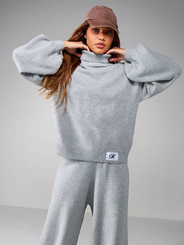 MISSGUIDED Oversized Roll Neck Knitted Co-Ord Set With Wide Leg Cuffed Joggers For Winter Loungewear