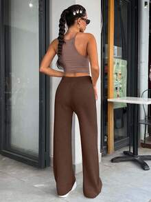 EURMUSE Pantalon tricoté à taille haute, couleur unie, motif unicolore, jambes larges, avec cordon de serrage et ceinture détaillée - Tabac - Voir 2