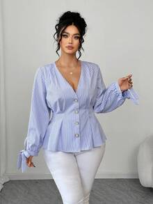 Elenzga 大码女式条纹V领长袖单排扣休闲衬衫 - 藍色 - 查看 3