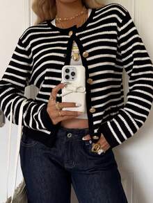 CovetEZ 女士休闲黑色和米色条纹针织开衫 女士开衫 女士休闲服装 秋冬女士服装 - 黑色 - 查看 3