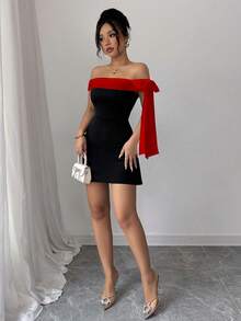 Rafferiza Váy ngắn hở vai thắt eo thắt nơ thanh lịch dành cho nữ, mùa hè - Đỏ và đen - Xem 4