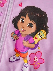 DORA | SHEIN Young Girl Cartoon Monkey & Dora Print Hooded Zip-Up Sweatshirt, Autumn/Winter - Purple - View 5