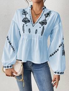 EMERY ROSE 女式褶皱图案印花长袖纽扣衬衫荷叶边上衣 - 藍色 - 查看 5