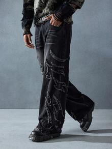 ROMWE MEN Street Life 男士休闲做旧猫须贴袋牛仔裤，秋季 - 黑色 - 查看 7