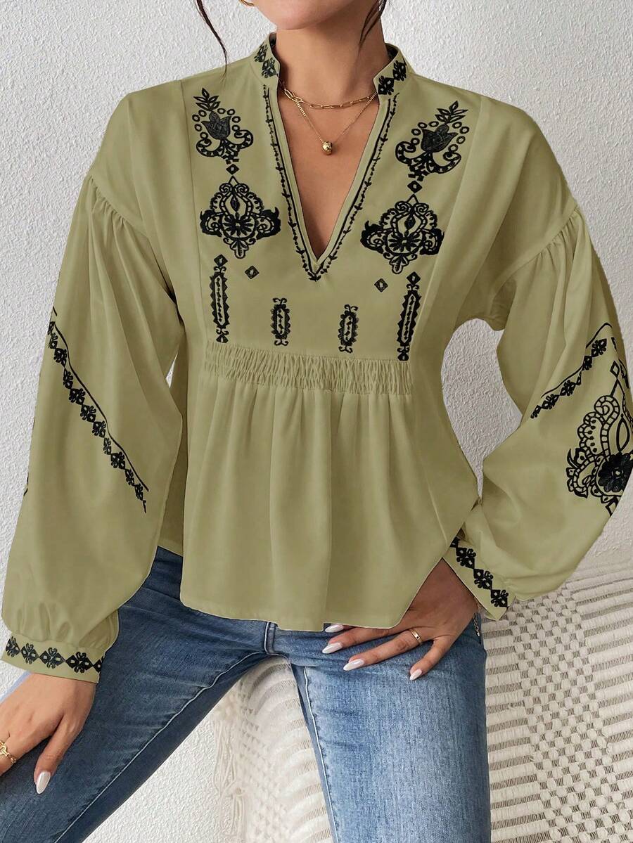 SHEIN LUNE 女式褶皱图案印花长袖纽扣衬衫荷叶边上衣 - 軍綠色 - 查看 1