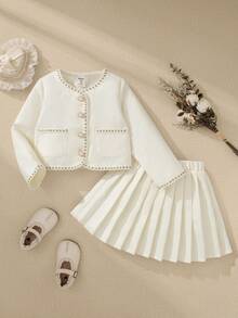 Souflis Kleine Mädchen Prinzessin Stil Jacke und plissierter Rock 2-teiliges Set, Herbst