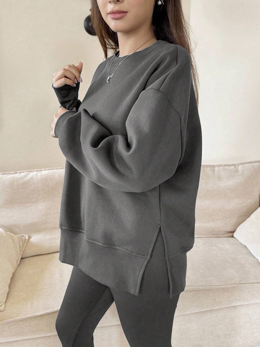 Sparklyn 1 Set Teen GirlWomen's Fashion Casual Loose Dropped Shoulder Hoodie And Skinny Leggings Outfit, Dark Grey, Autumn/Winter - Dark Grey - View 1