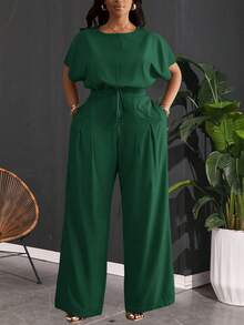 Slaydiva Bộ đồ 2 món màu xanh lá cây thanh lịch, phù hợp cho mùa Xuân/Hè, đi làm, dự tiệc, đi club và hoạt động ngoài trời, gồm áo crop top dáng rộng vai rớt có dây rút và quần ống rộng có túi dành cho nữ cỡ lớn - A - Màu xanh lá cây đậm - Xem 3