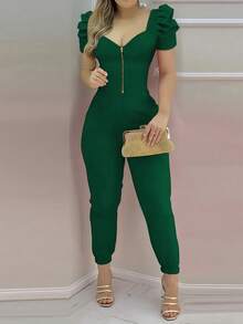 INAWLY 女式性感修身V领拉链羊腿袖连体裤（不含腰带） - 墨綠色 - 查看 4