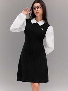 Sparklyn 少女休闲百搭衬衫拼接连衣裙，翻领衬衫设计，正面饰有白马刺绣，适合户外散步、购物、通勤，可搭配外套和夹克 - 黑與白 - 查看 6