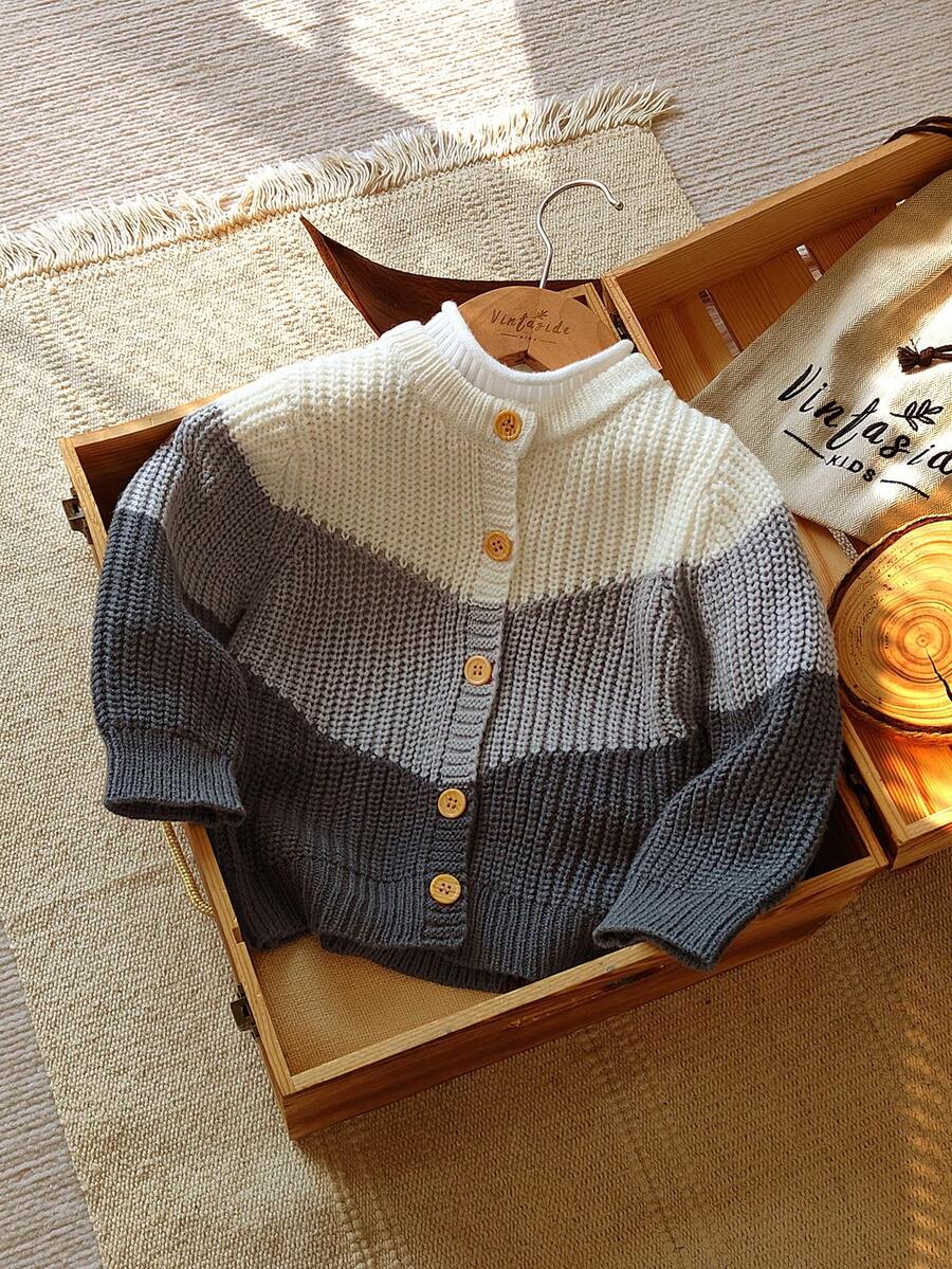 Vintaside Kids 男婴撞色长袖单排扣休闲针织开衫,秋冬 - 深灰色 - 查看 1