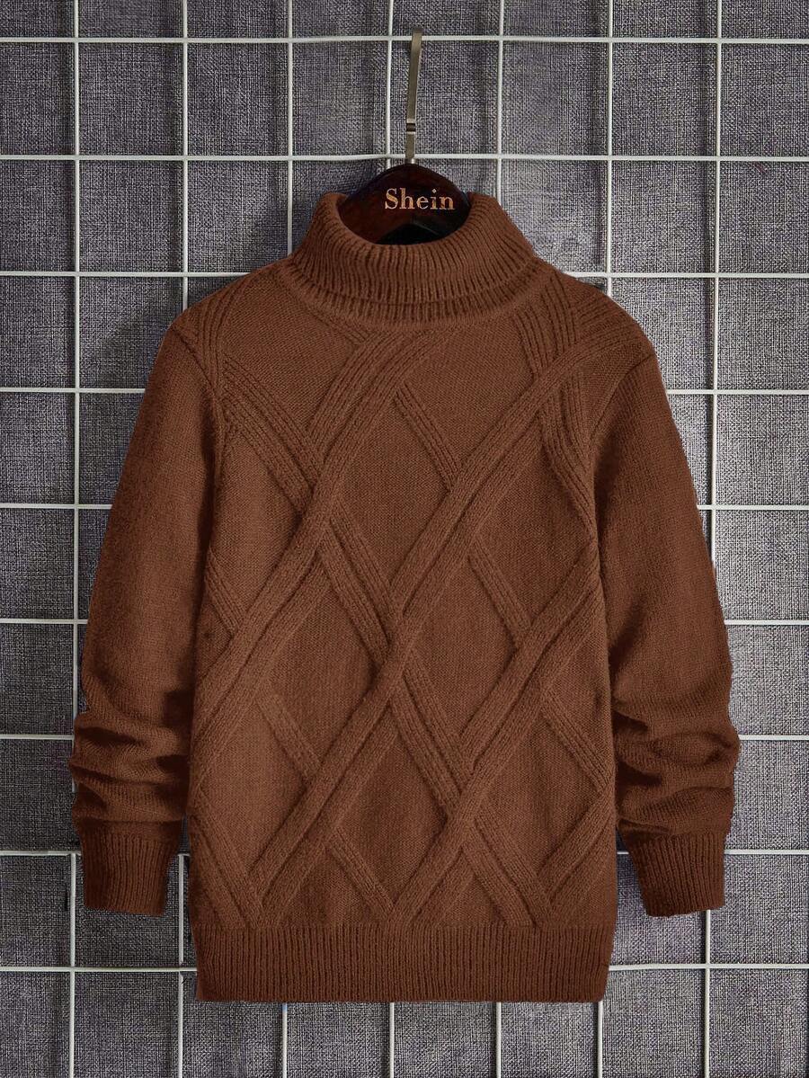 SHEIN 男童长袖休闲高领毛衣 - 棕色 - 查看 1