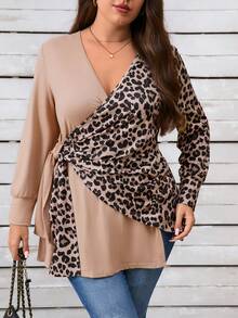 EMERY ROSE Plus Size Women V-Neck Long Sleeve Leopard Patchwork Casual Tie-Front Tunic Top - Khaki - View 8