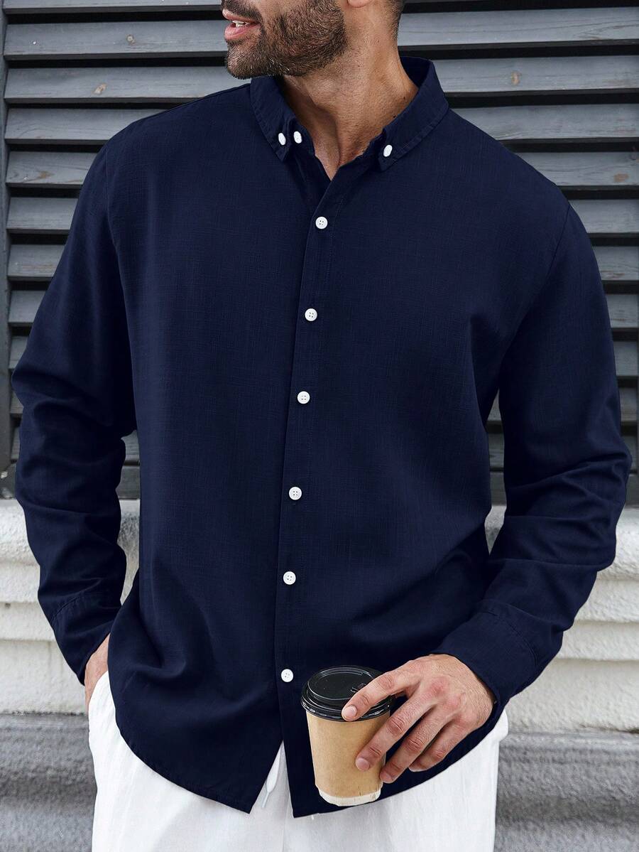 Manfinity Homme 大码男式纯色长袖单排扣休闲正装衬衫 - 藏蓝色 - 查看 1