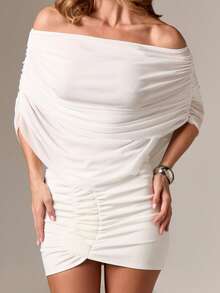 AiiRZ Áo trễ vai nhún bèo Thiết kế hiện đại Cổ rộng Không đối xứng Chi tiết xếp ly bên hông Áo dự tiệc tối mùa hè giản dị Thiết kế tối giản thanh lịch Hình bóng nữ tính - trắng - Xem 5