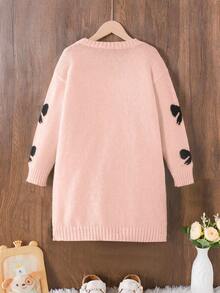 SHEIN 1件套女童毛衣裙，可爱款式，黑色蝴蝶结提花图案，圆领，常规袖长，袖口和下摆收紧，常规厚度，优雅象牙色针织裙，知性时尚修身，适合春秋冬 - 粉色 - 查看 2