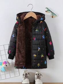 女童休闲黑色彩色独角兽印花绗缝连帽羽绒服，冬季保暖内衬 - 黑色 - 查看 6