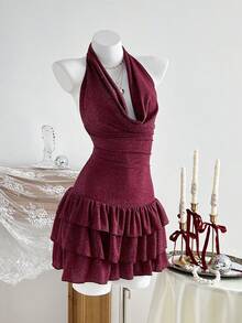 Elamini Đầm ngắn hở lưng cổ xẻ sâu gợi cảm thời trang - Màu Đỏ Sâu - Xem 5