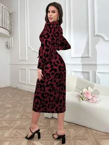 Modelyn 时尚豹纹裹身连衣裙，配领带，适合春夏季长款女士晚礼服 - 紅色 - 查看 2