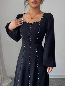 Modelyn Vestido de punto de manga larga ajustado con parches y adornos de strass, adecuado para salir y citas - Negro - Ver 1