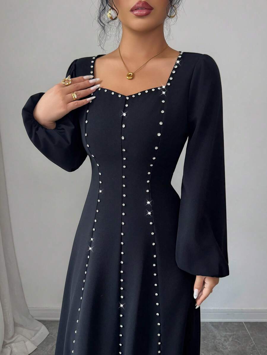 Modelyn Vestido de punto de manga larga ajustado con parches y adornos de strass, adecuado para salir y citas - Negro - Ver 1