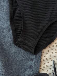 SHEIN 少女黑色针织条纹拼布高领长袖紧身衣