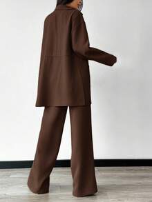 Modelyn 2 件套女士纯色前拉链口袋长袖上衣和裤子休闲装 2 件套 - 咖啡棕 - 查看 2
