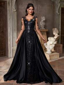 Aureia Váy maxi dài tay cổ chữ V bằng vải satin mỏng đính hạt sequin đen thanh lịch, đuôi cá dài thướt tha, phù hợp cho mọi dịp trang trọng, đám cưới, sự kiện, hẹn hò, kỳ nghỉ, tiệc tùng, dạ tiệc - màu đen - Xem 8