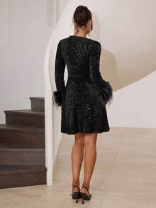Modelyn Women's Solid Color Sequin V-Neck Patchwork Fuzzy Cuff Elegant Mini Dress - Black - View 2