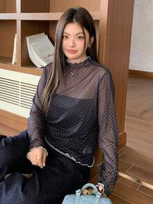 Dazy Plus 大码撞色拼接立领网纱波点透视衬衫T恤外出上衣女装 - 黑色 - 查看 7