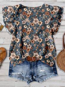 EMERY ROSE Women's Casual V-Neck Cap Sleeve Loose Blouse, Retro Floral Print