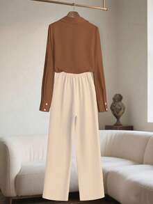 Franclia Apricot Button-Up Shirt & Pants Set For Women - Khaki - View 2