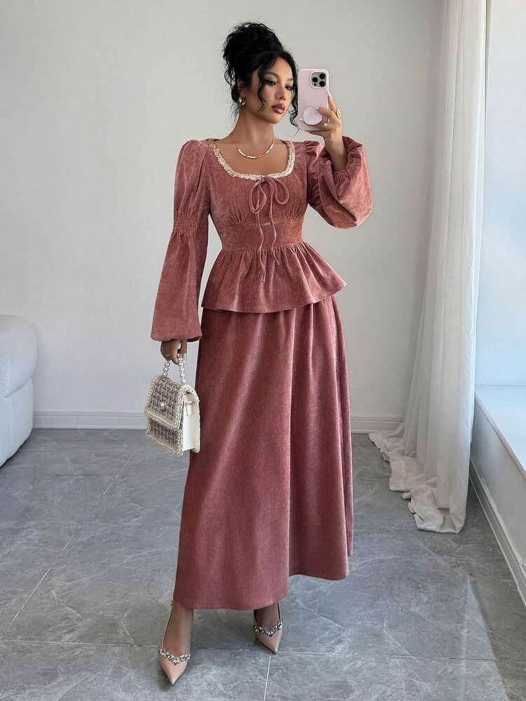 Women's Elegant Ruffle Hem Lantern Sleeve Top And Skirt 2 Pieces Set, Autumn