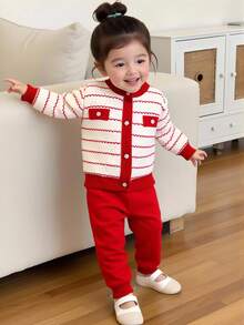 SHEIN Vintaside Kids 2 件套女婴休闲可爱长袖条纹仿口袋针织开衫和针织裤套装，适合日常外出和旅行 - 紅色 - 查看 5