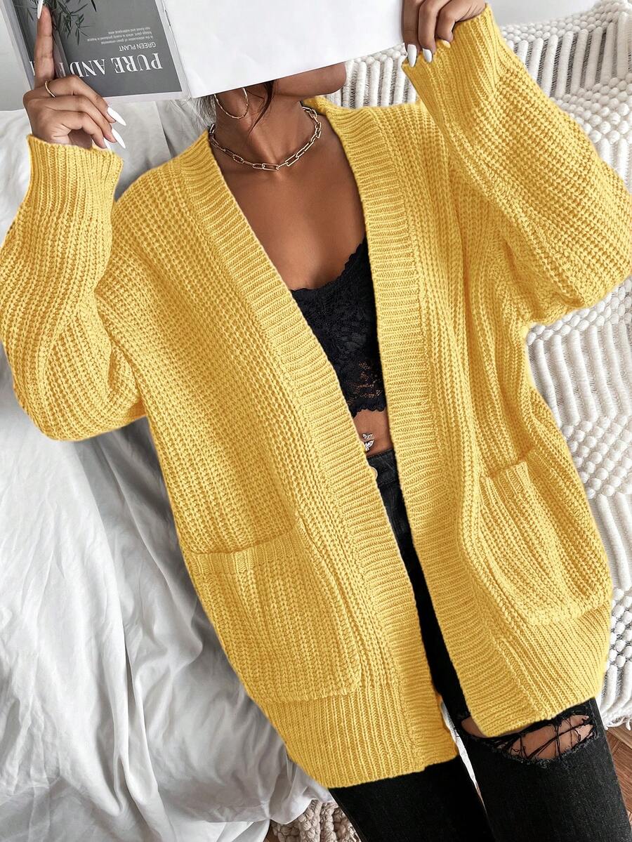 EMERY ROSE Women's Casual Solid Color Cardigan With Pockets - Yellow - View 1