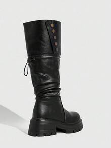 Daringsoles 厚底厚底及膝靴，弹力靴，圆头粗跟时尚靴，百搭女靴 - 黑色 - 查看 5
