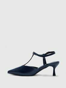 CUCCOO BIZCHIC Zapatos de tacón bajo con punta puntiaguda y correa de tobillo en color marrón café, adecuados para ir al trabajo, citas y fiestas, zapatos de primavera - Azul Marino - Ver 9