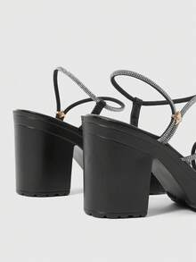 CUCCOO SZL Women's Rhinestone Embellished Thick Sole High Heel Mule Sandals - Black - View 4