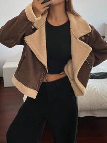 Livesso 女士休闲宽松翻领常规款夹克，秋季女式外套 - 咖啡棕 - 查看 3
