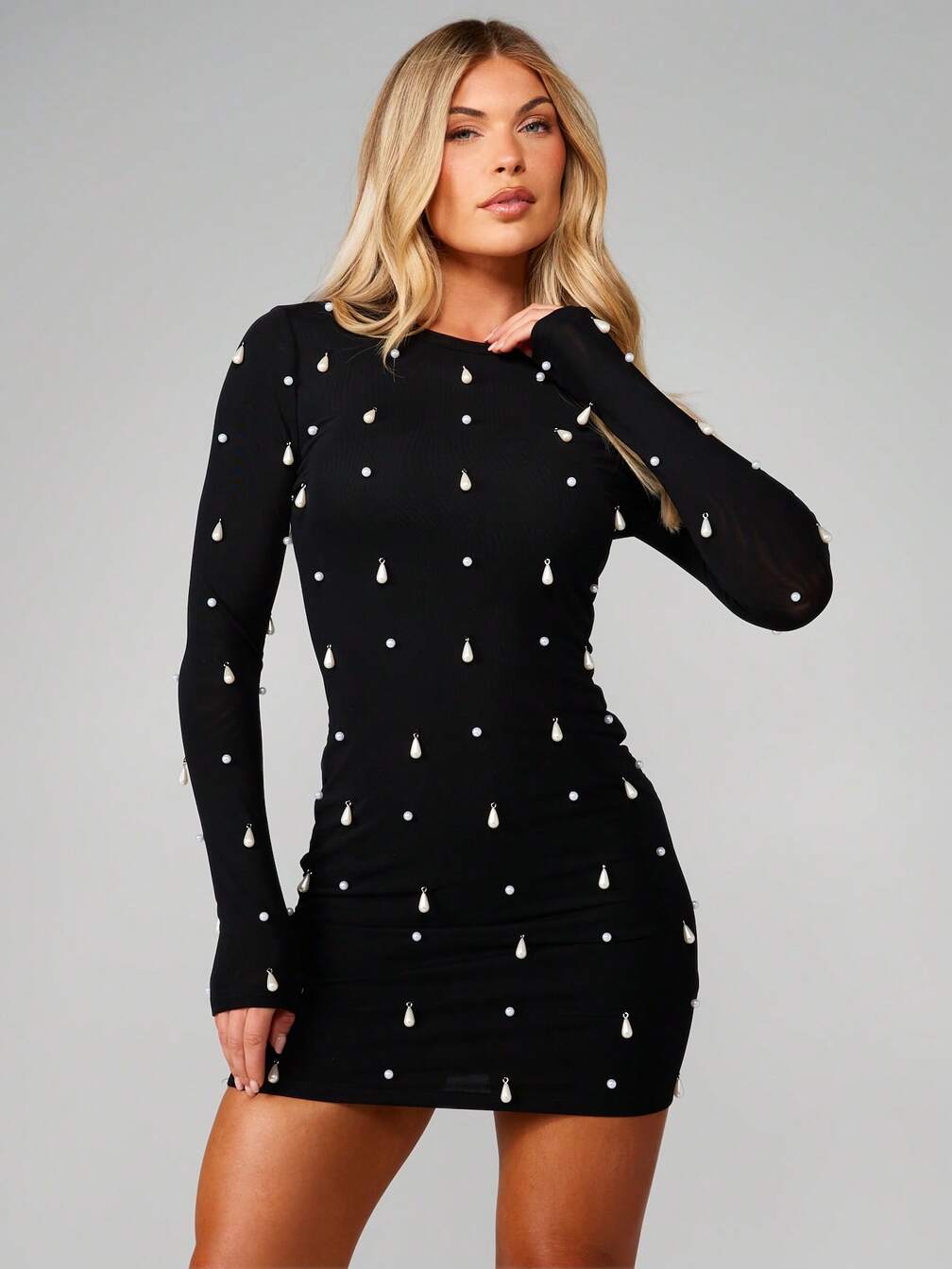 missguided bodycon dress Pearl Detail Long Sleeve Mini For Holiday Party Night Out,XL Pearl Detail Long Sleeve Bodycon Mini Dress For Holiday Party Night Out Black Elegant Long Sleeve Mesh Fabric Plain Bodycon High Stretch Women Clothing MISSGUIDED Long Sleeve Bodycon Dress