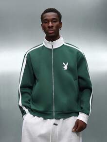 PLAYBOY X SUMWON Crop Fit Funnel Neck Track Jacket With Contrast Stripes And Logo Detail Zip Up Outerwear - Green - View 3