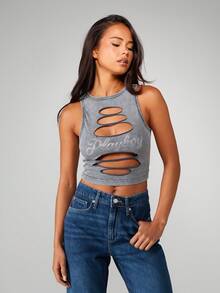 Missguided x Playboy Distressed Cut Out Tank Top With Rhinestone Logo Detail Sleeveless Casual - Dark Grey - View 5