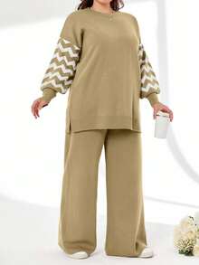SHEIN Cottnline Striped Color Block Sweater And Pants Two Pieces Set - Beige - View 5