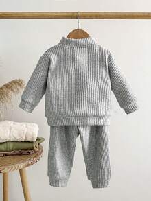 SHEIN 男婴半拉链休闲长袖卫衣和运动裤套装 - 彩色 - 查看 2