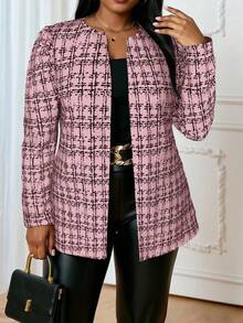 SHEIN Lady 2025新款大码女式优雅格纹印花开襟粉色西装外套，夏季女士度假沙滩装，婚礼宾客装，生日商务休闲装，7月4日美国独立日女士生日装，秋冬新年时尚系列 - 藕粉色 - 查看 1
