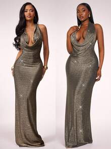 Radiana 女士优雅、奢华、性感、迷人的黑色和金色闪亮面料垂坠露背修身长裙，适合舞会、情人节、音乐会、庆典、狂欢节、节日、约会之夜、派对、生日、单身派对、鸡尾酒会、正式场合、俱乐部，凸显和修饰身材 - 黑色和金色 - 查看 11