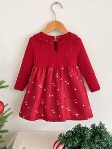 SHEIN Baby Girls' Cute Red Cherry Embroidery Long Sleeve Princess Dress, Sweet Dress For Toddlers, Spring/Autumn - Burgundy - View 2
